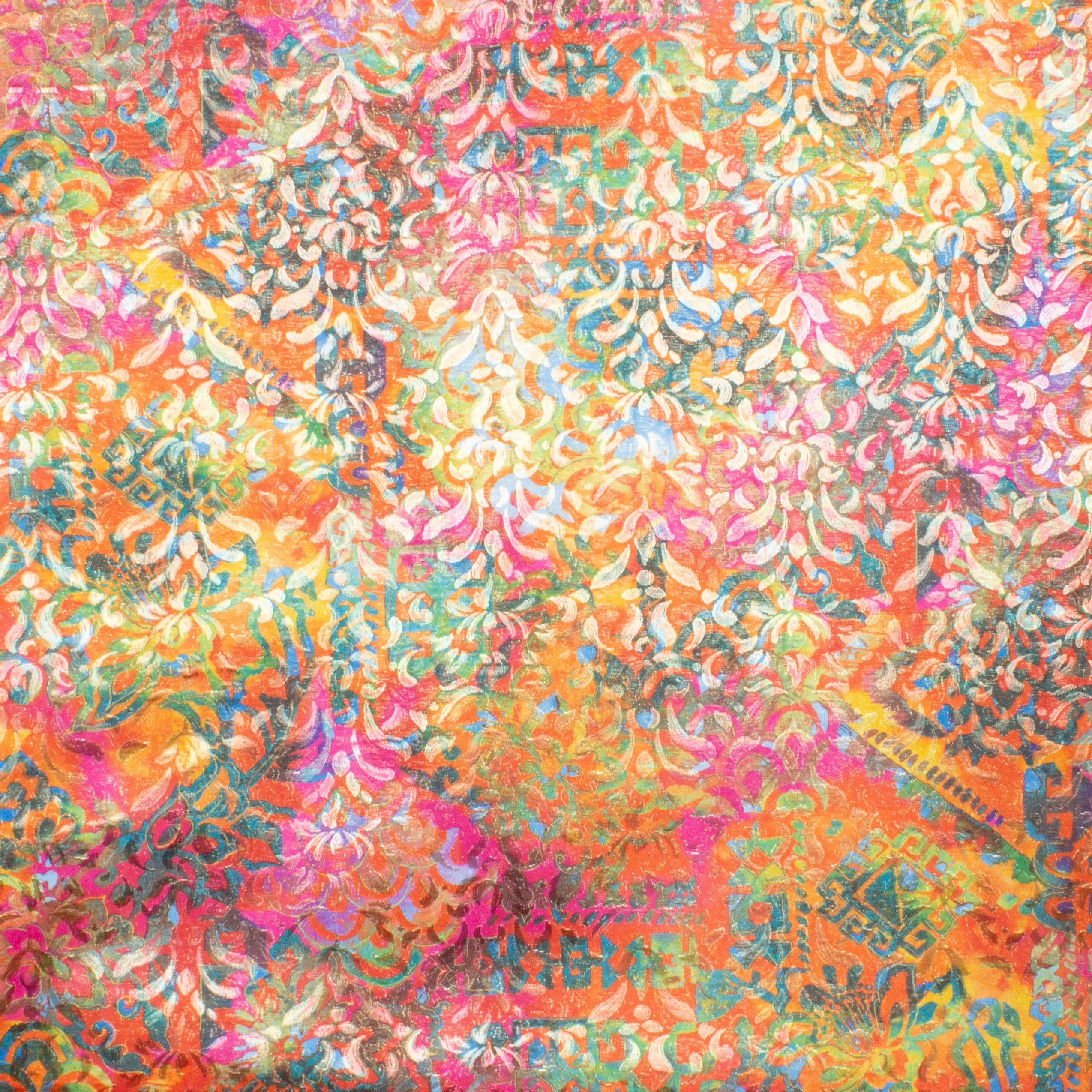 Multicolor polyester met exotisch motief en gouden glans